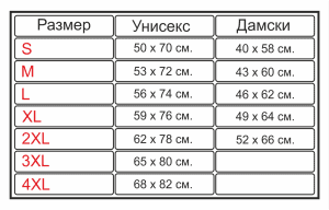унисекс таблица с размери